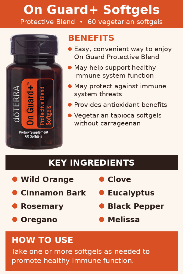 An infographic-style product card for On Guard+ Softgels. It shows a dark amber supplement bottle labeled 'Oleterra On Guard+ Protective Blend Softgels' with text describing benefits and key  doTERRA On Guard Softgels (2 Pack)ingredients.