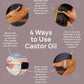 An informational infographic poster titled '4 Ways to Use Castor Oil' on a muted mauve background, featuring four circular photos showing hands and a scalp being massaged with castor oil, accompanied by text instructions. doTERRA Castor Oil Canada