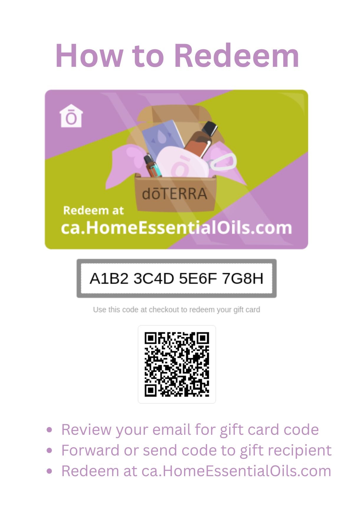 doTERRA gift card redemption card with QR code and text instructions.