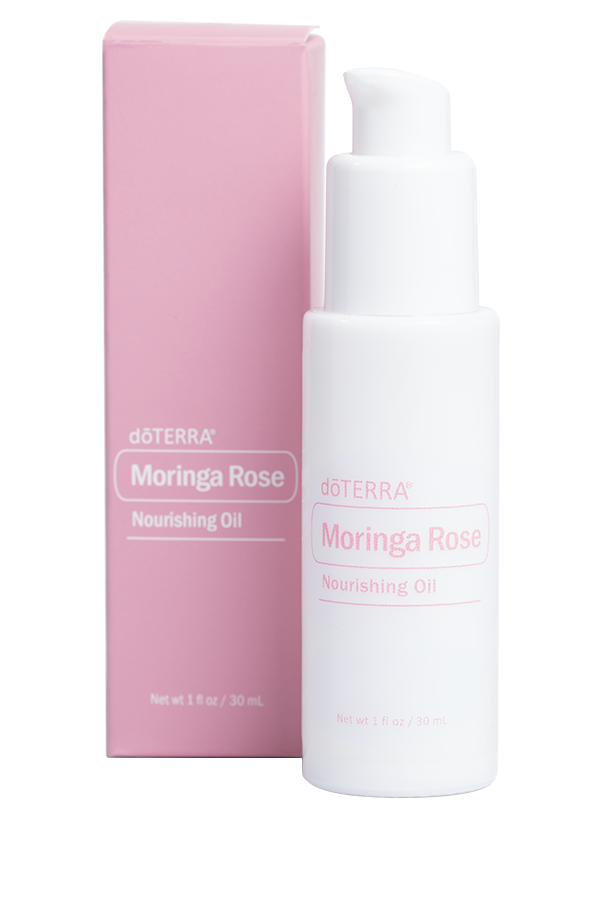 doTERRA Moringa Rose Nourishing Oil bottle and packaging on a white background
