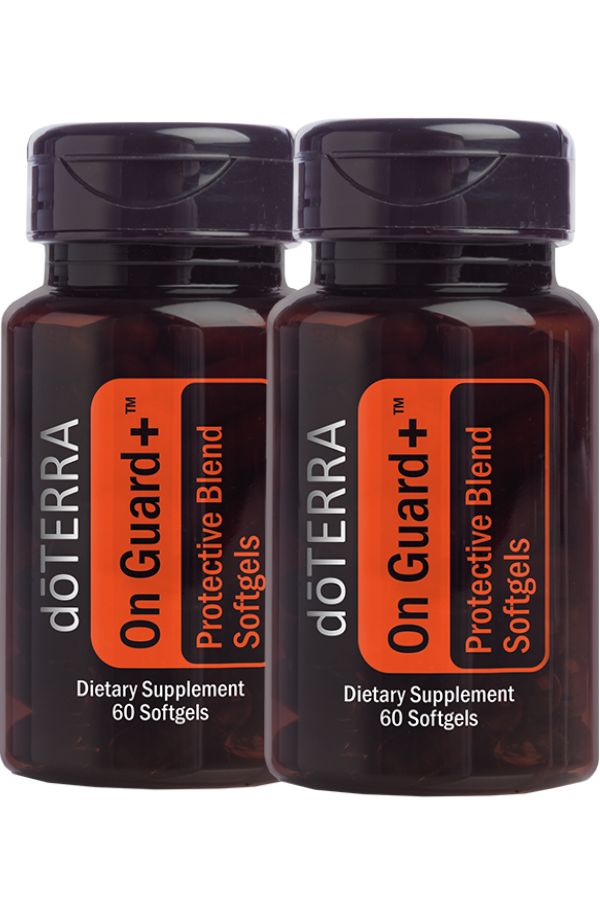 Two amber brown bottles of doTERRA On Guard+ Protective Blend Softgels side by side on a white background. doTERRA On Guard Softgels (2 Pack)