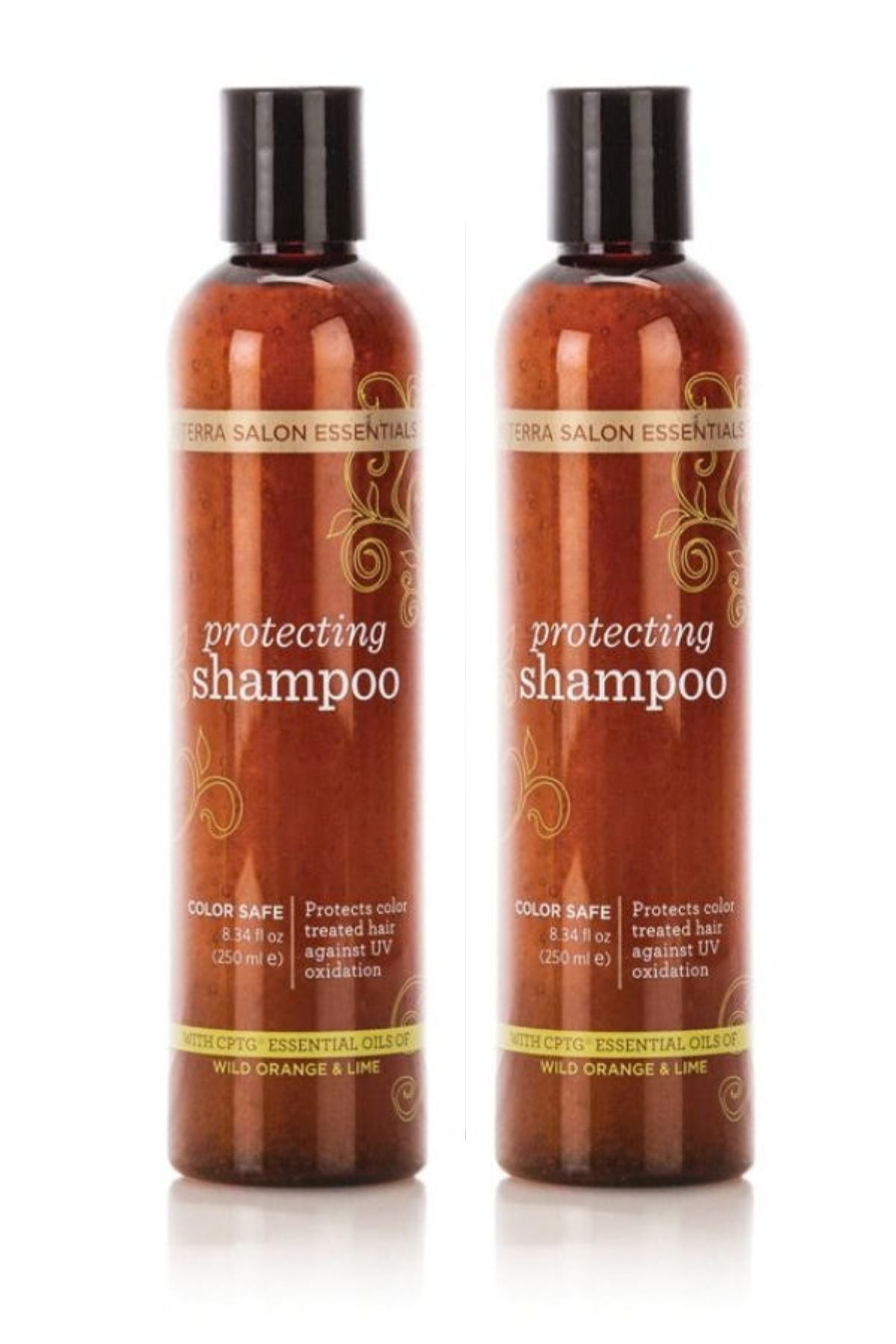 Two amber bottles of Terra Salon Essentials Protecting Shampoo with black caps, shown side by side on a white background. doTERRA Salon Essentials Shampoo (2 Pack)