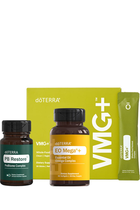 doTERRA health and wellness products including VMG+, PB Restore, and EO Mega+ on a white background.